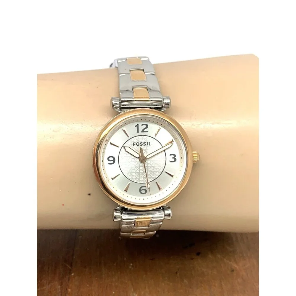Fossil Women's Watch ES5201 Quartz Two Tone Silver Rose Gold Steel 28mm